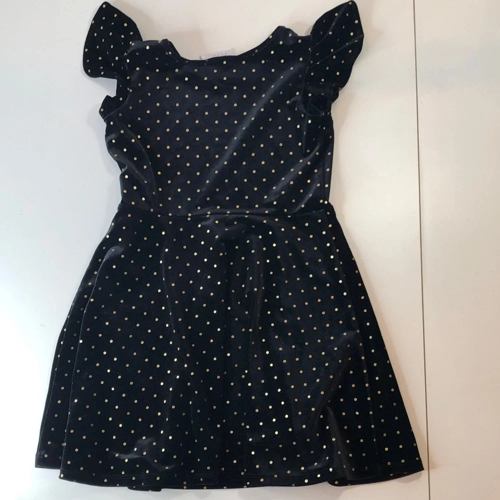 The Children’s Place elegant black velvet like dress gold glittery dots girls 5T